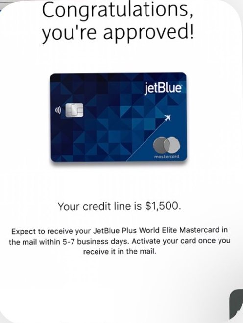 Card approval screen: credit line of $1,500