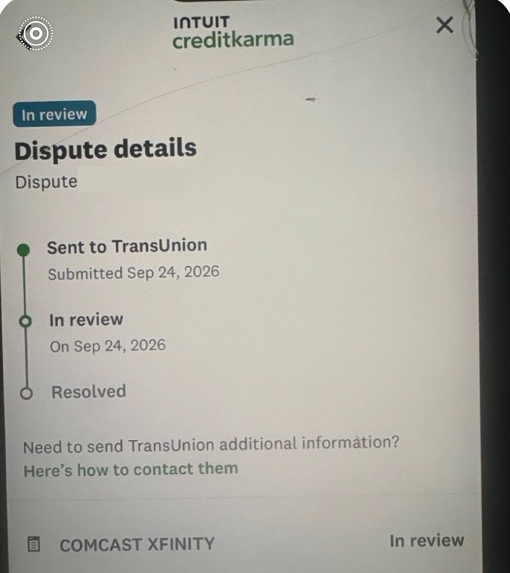 Credit Karma dispute screen: sent to TransUnion, in review
