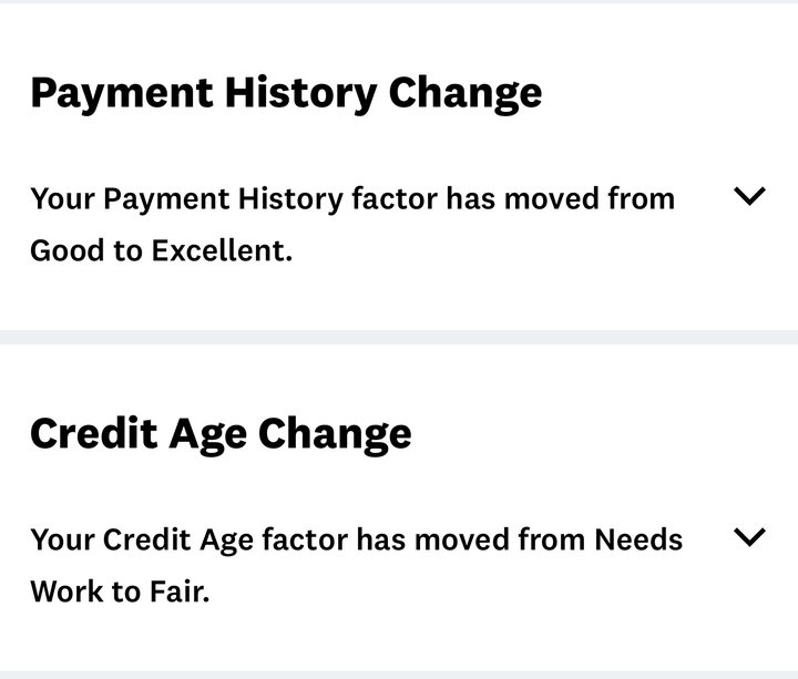 Credit factors: payment history moved from Good to Excellent, credit age from Needs Work to Fair