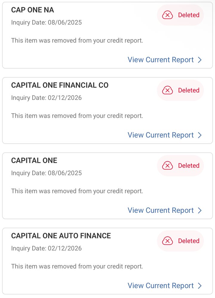 Credit report listing several inquiries marked Deleted